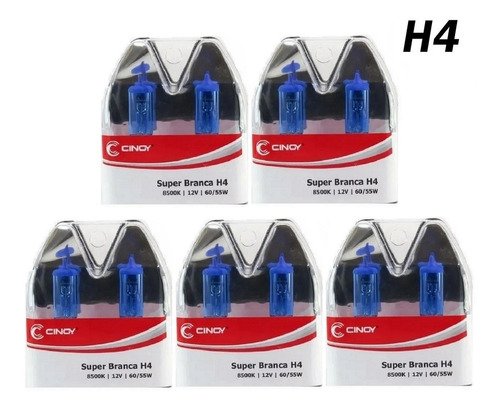 Kit 5 pares lâmpada h4 super branca 8500k 60/55w 12v inmetro