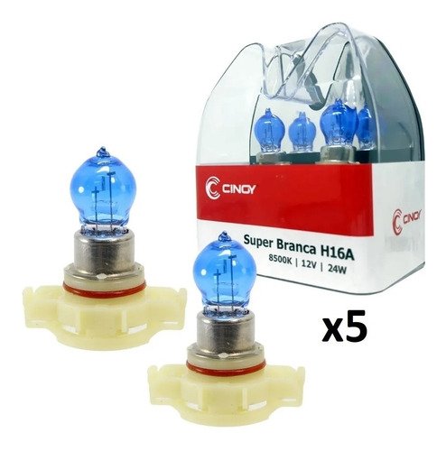 Kit c/ 5 par lampada super branca h16a 12v 24w 8500k inmetro