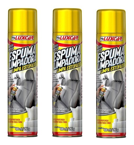 Kit com 3 spray espuma limpa estofado tecido couro luxcar