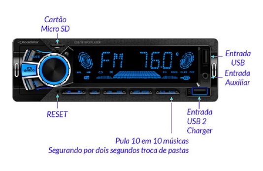 Som de carro roadstar bluetooth usb radio fm painel 7 cores