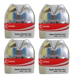 Kit c/ 4 par lampada super branca h11 55w 12v 8500k inmetro